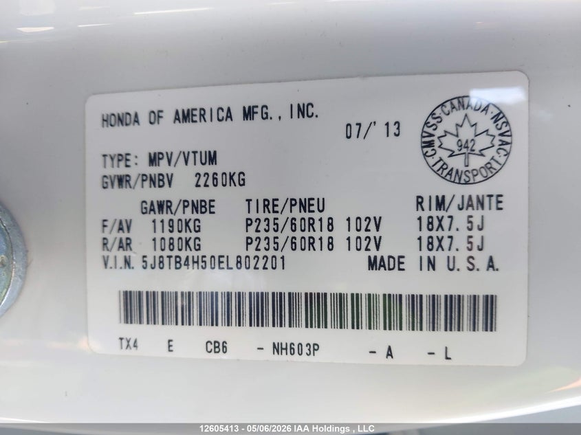 2014 Acura Rdx VIN: 5J8TB4H50EL802201 Lot: 12605413