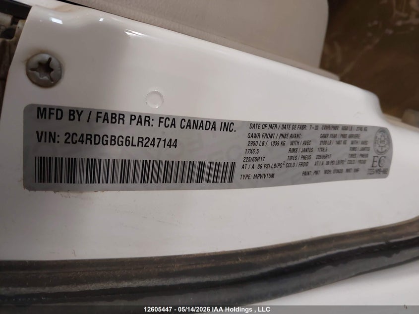 2020 Dodge Caravan 3.6 Grand Se white Lot 111012605447 Vin 2C4RDGBG6LR247144