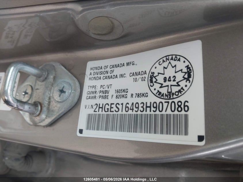 2003 Honda Civic Sdn VIN: 2HGES16493H907086 Lot: 12605481