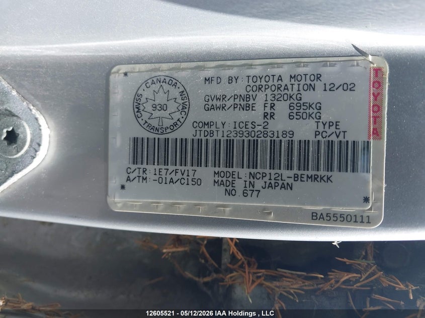 2003 Toyota Echo VIN: JTDBT123930283189 Lot: 12605521