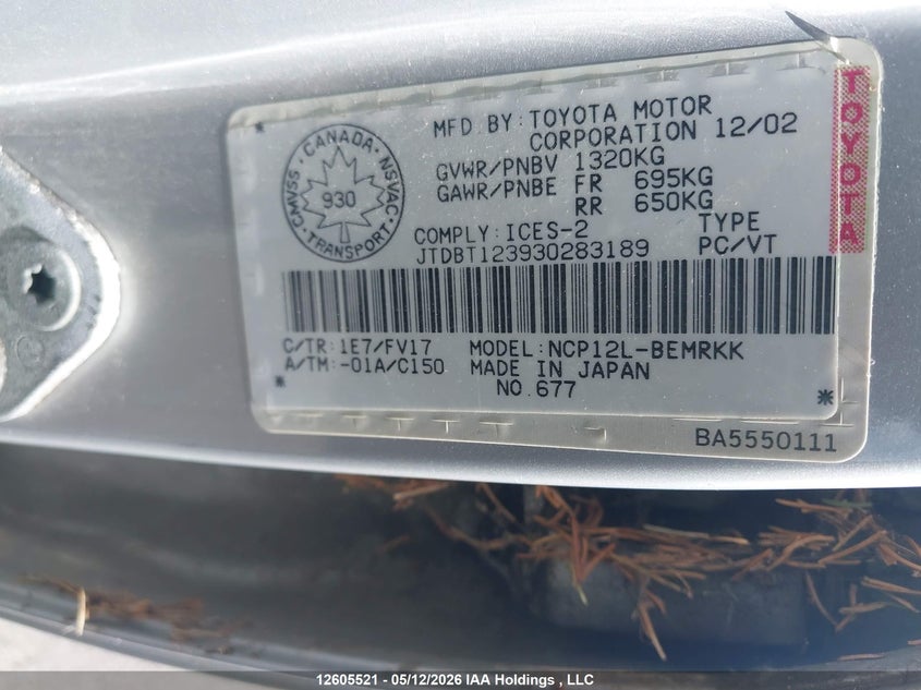 2003 Toyota Echo VIN: JTDBT123930283189 Lot: 12605521