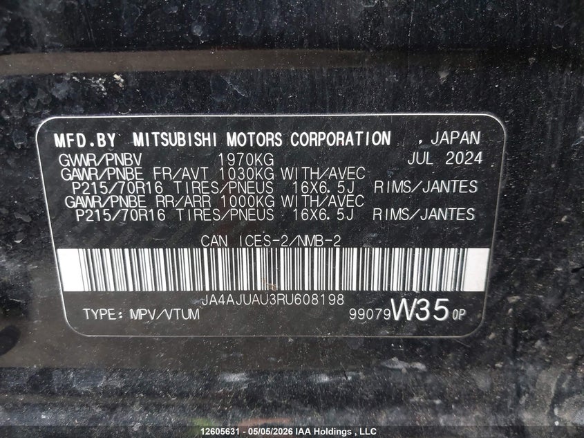 2024 Mitsubishi Rvr Es VIN: JA4AJUAU3RU608198 Lot: 12605631
