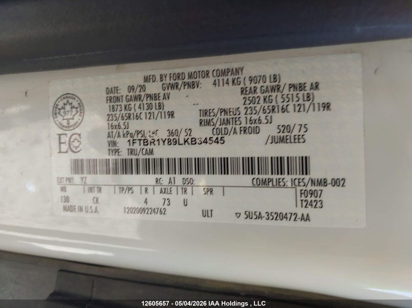 2020 FORD TRANSIT VAN 3.5L V-6 DI, DOHC, VVT, 275HP