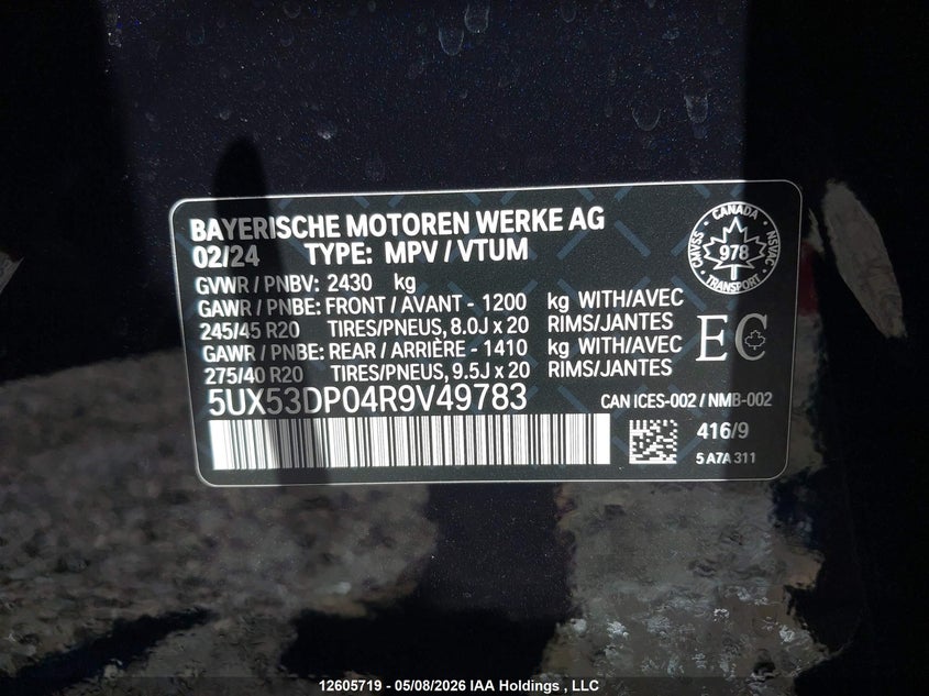 2024 BMW X3 xDrive30I VIN: 5UX53DP04R9V49783 Lot: 12605719
