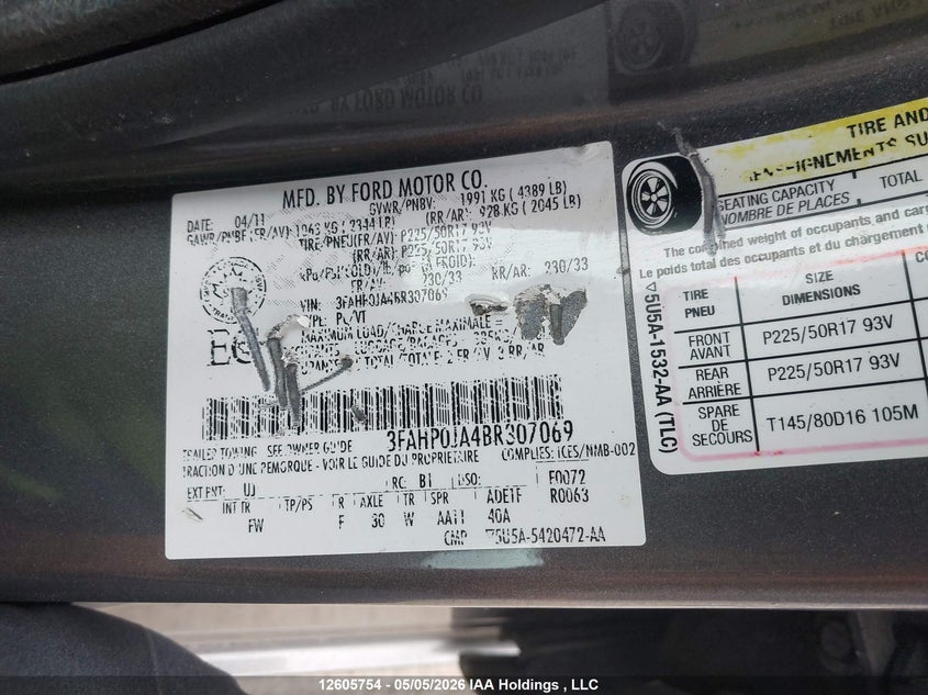 2011 Ford Fusion Sel VIN: 3FAHP0JA4BR307069 Lot: 12605754