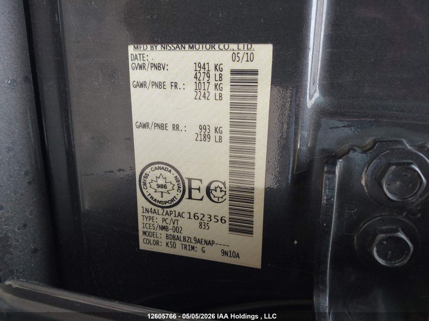 2010 Nissan Altima S VIN: 1N4AL2AP1AC162356 Lot: 12605766