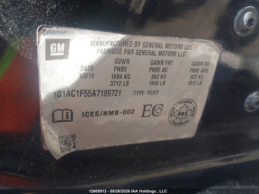 2010 Chevrolet Cobalt Lt VIN: 1G1AC1F55A7189721 Lot: 12605912