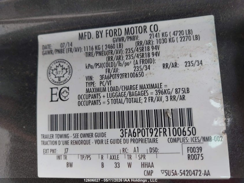 2015 Ford Fusion VIN: 3FA6P0T92FR100650 Lot: 12606027