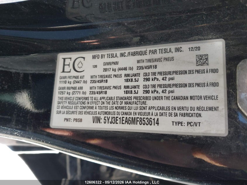 2021 Tesla Model 3 Standard Range/Standard Range Plus VIN: 5YJ3E1EA6MF853614 Lot: 12606322
