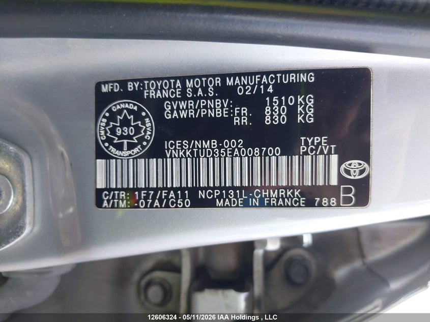 2014 Toyota Yaris VIN: VNKKTUD35EA008700 Lot: 12606324