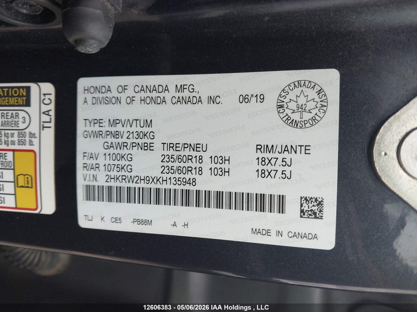 2019 Honda Cr-V Touring VIN: 2HKRW2H9XKH135948 Lot: 12606383