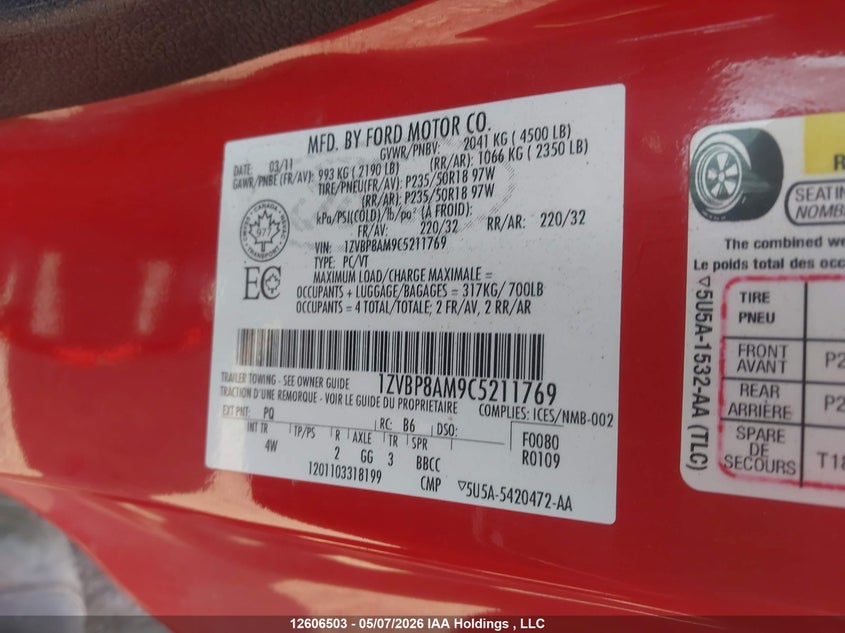 2012 Ford Mustang V6 Premium VIN: 1ZVBP8AM9C5211769 Lot: 12606503
