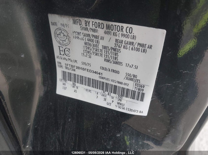 2015 Ford F-250 Xl VIN: 1FTBF2B65FED34041 Lot: 12606531