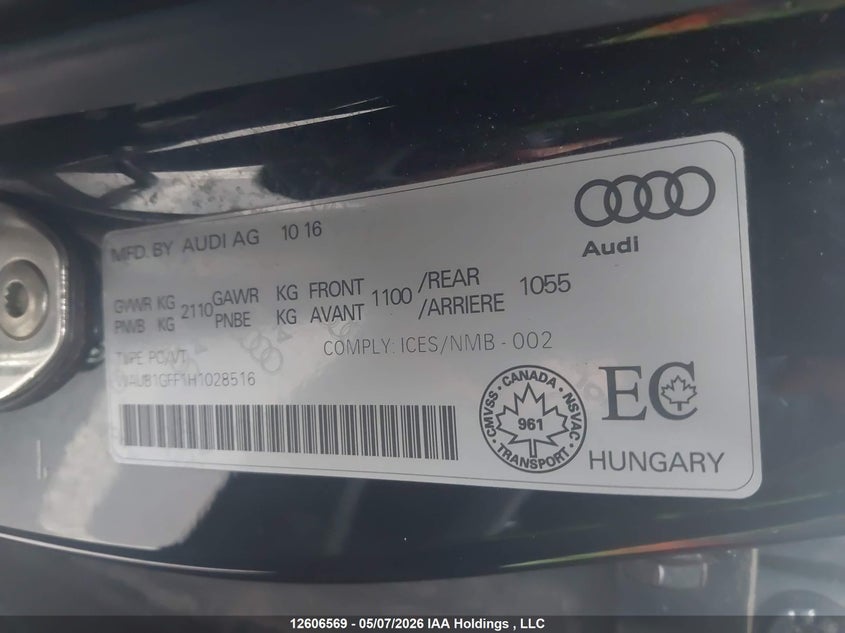 2017 Audi S3 2.0T Progressiv VIN: WAUB1GFF1H1028516 Lot: 12606569