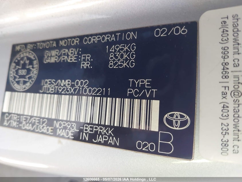 2007 Toyota Yaris VIN: JTDBT923X71002211 Lot: 12606665
