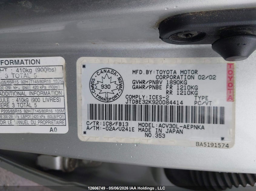 2002 TOYOTA CAMRY SEDAN 2.4L I-4 DOHC, VVT, 157HP