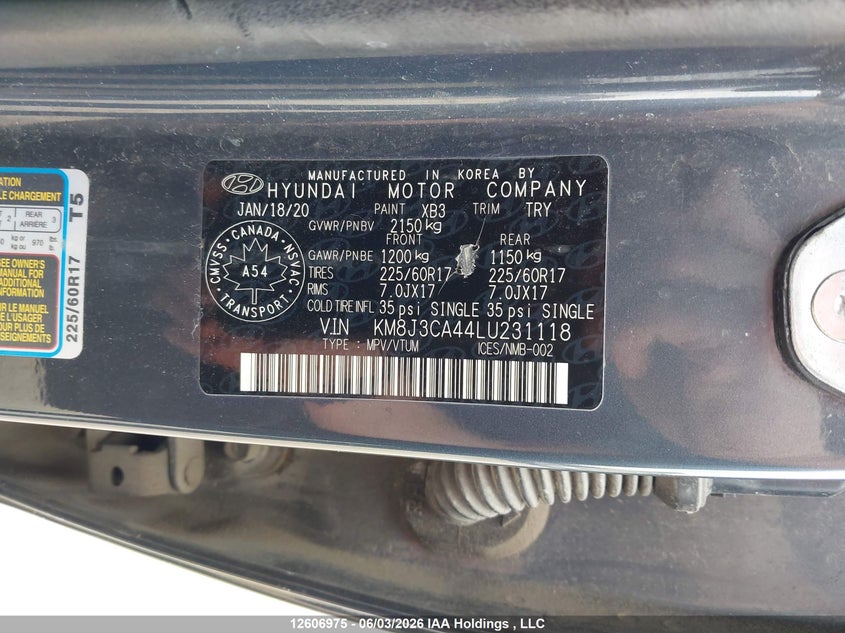 2020 Hyundai Tucson Limited/Sel/Sport/Ultimate/Value VIN: KM8J3CA44LU231118 Lot: 12606975