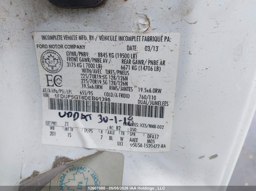 2013 Ford F550 Super Duty VIN: 1FDUF5GT8DEB01398 Lot: 12607080