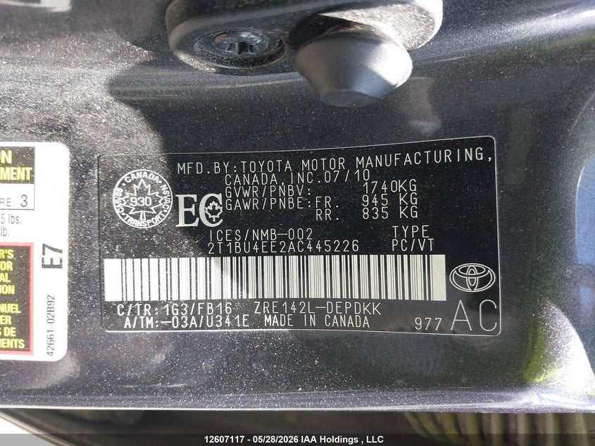 2010 TOYOTA COROLLA SEDAN 1.8L I-4 DOHC, VVT, 132HP