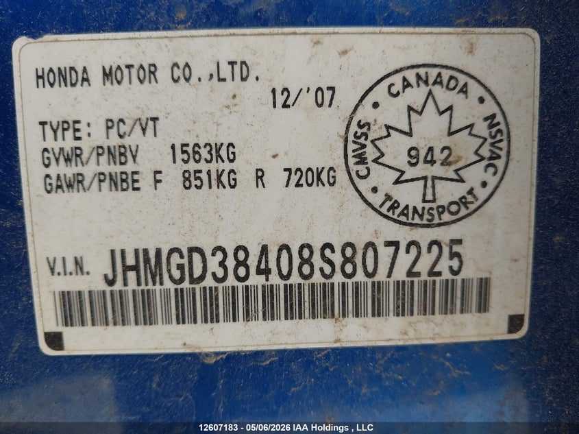 2008 Honda Fit Dx/Lx VIN: JHMGD38408S807225 Lot: 12607183