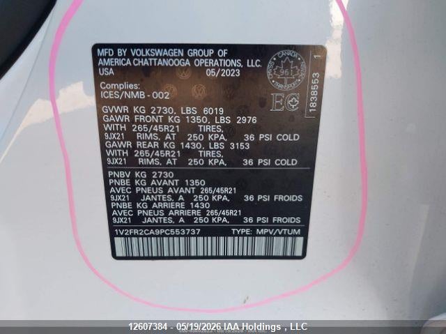 2023 Volkswagen Atlas 3.6 Fsi Execline VIN: 1V2FR2CA9PC553737 Lot: 12607384