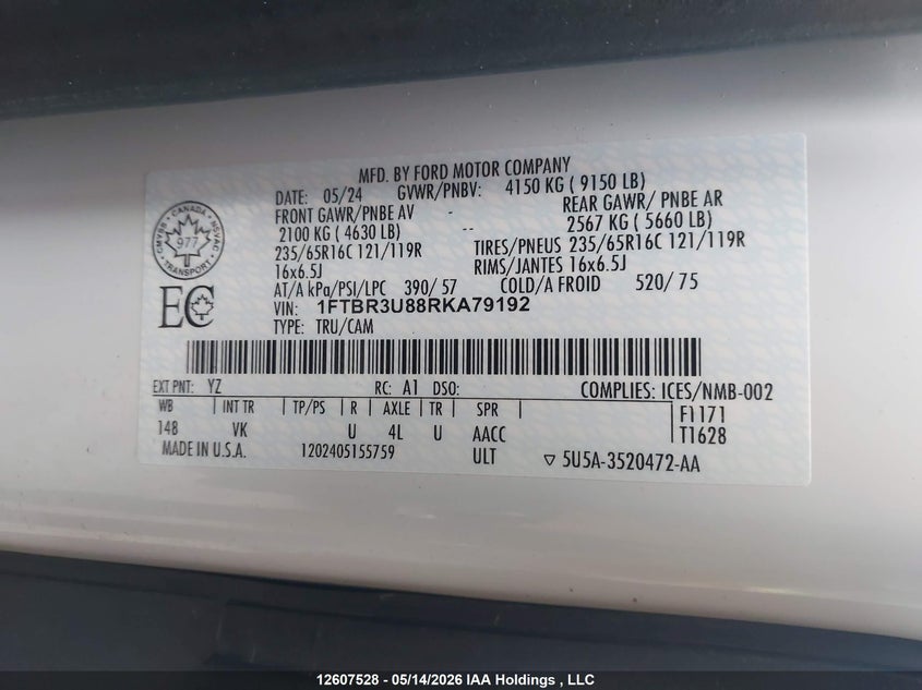 2024 Ford Transit 3.5 T-250 White Lot 111012607528 Vin 1FTBR3U88RKA79192