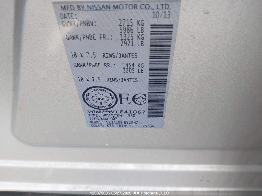 2014 Nissan Pathfinder S/Sl VIN: 5N1AR2MN6EC641067 Lot: 12607569