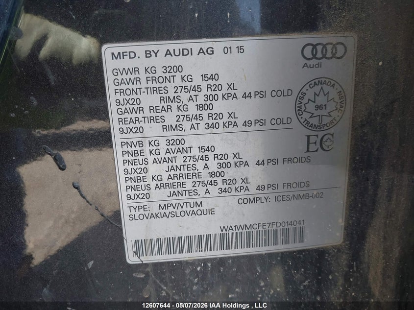 2015 Audi Q7 Tdi/Prestige VIN: WA1WMCFE7FD014041 Lot: 12607644