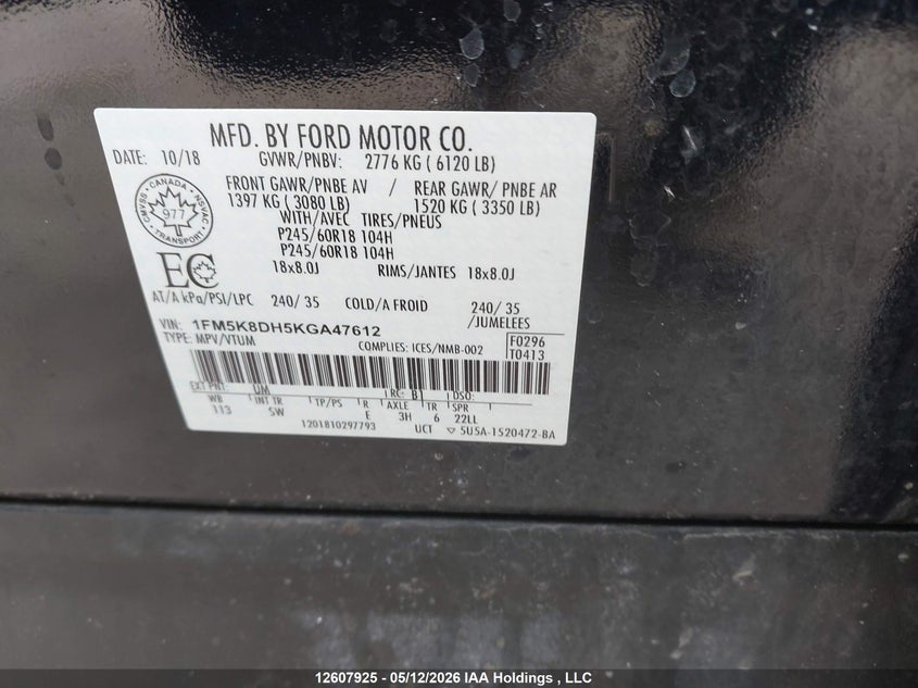 2019 Ford Explorer Xlt VIN: 1FM5K8DH5KGA47612 Lot: 12607925