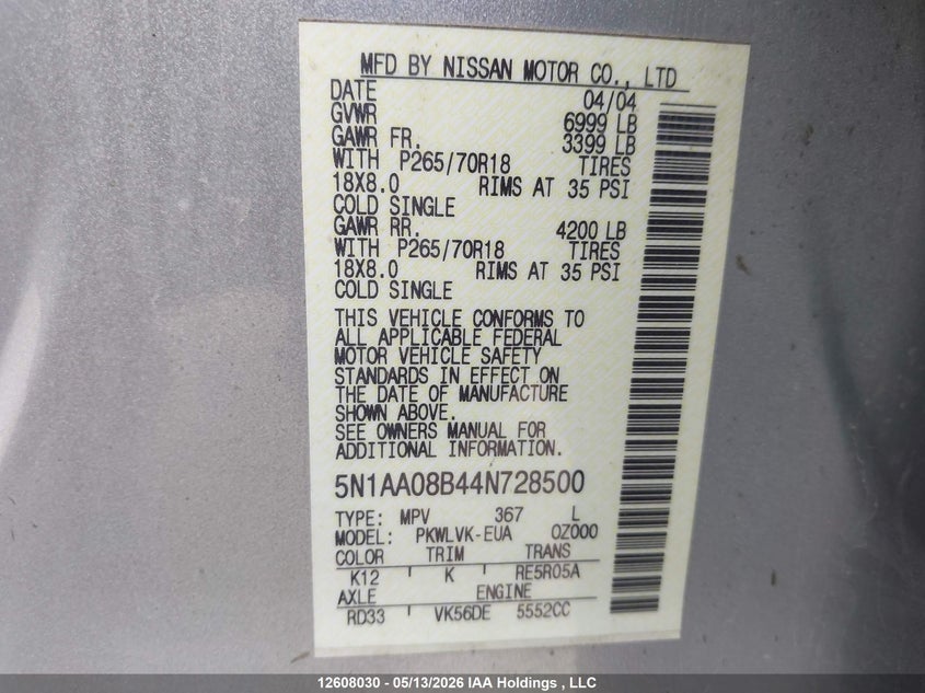 2004 Nissan Armada Se/Le VIN: 5N1AA08B44N728500 Lot: 12608030