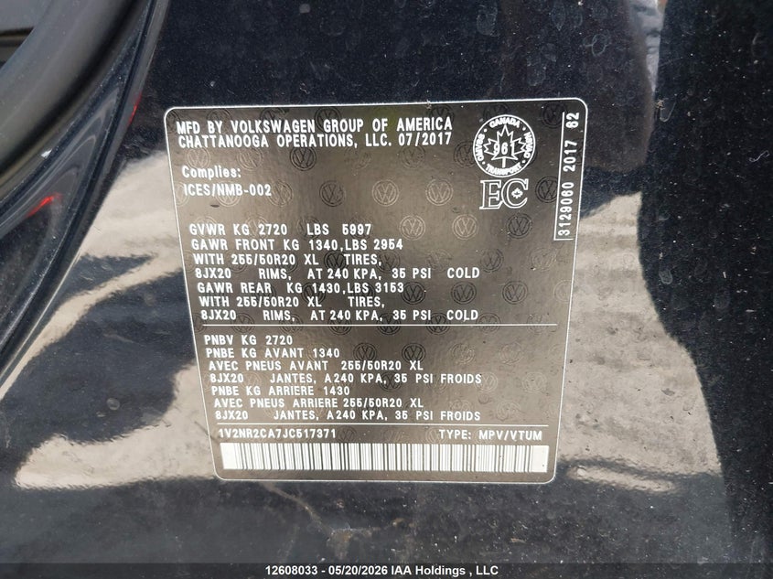 2018 Volkswagen Atlas Sel Premium VIN: 1V2NR2CA7JC517371 Lot: 12608033
