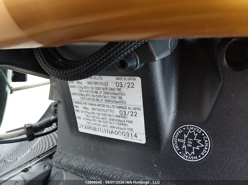 2022 Yamaha Mt-10 Sp Mt-10 Sp VIN: JYARN81N1NA000314 Lot: 12608048