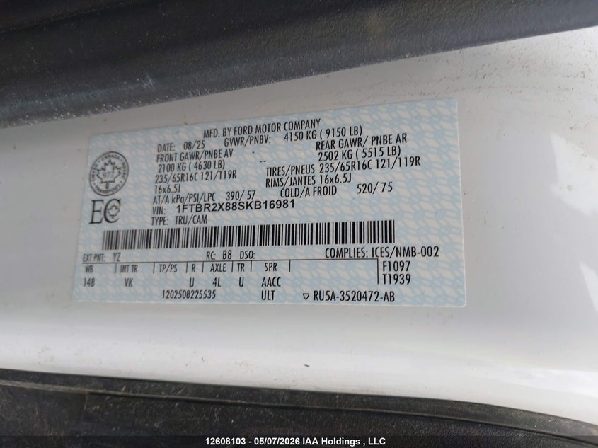 2025 Ford Transit T-250 VIN: 1FTBR2X88SKB16981 Lot: 12608103