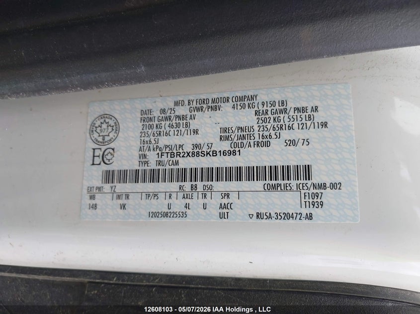 2025 Ford Transit T-250 VIN: 1FTBR2X88SKB16981 Lot: 12608103