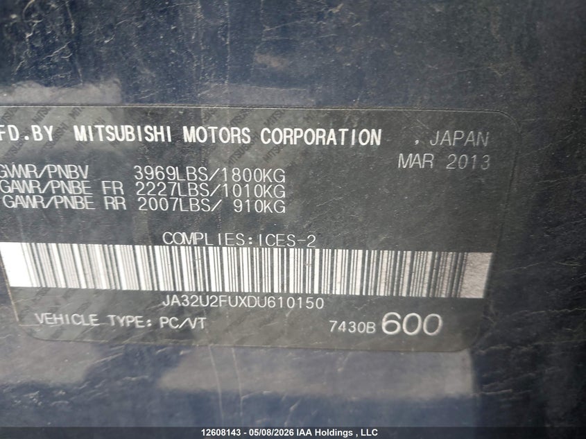 2013 Mitsubishi Lancer Es/Es Sport VIN: JA32U2FUXDU610150 Lot: 12608143