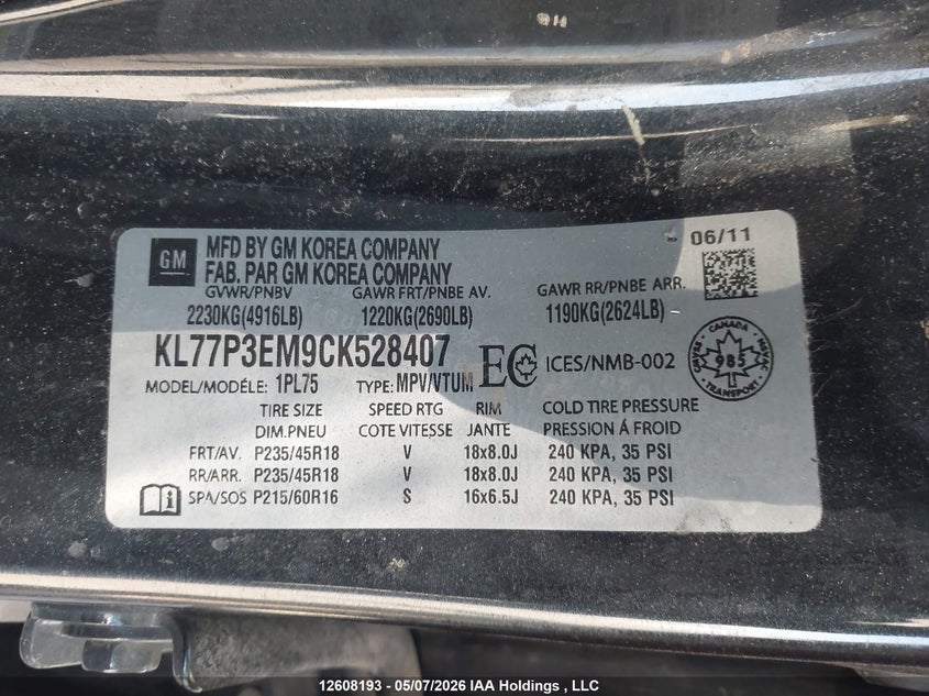 2012 Chevrolet Orlando Ltz VIN: KL77P3EM9CK528407 Lot: 12608193