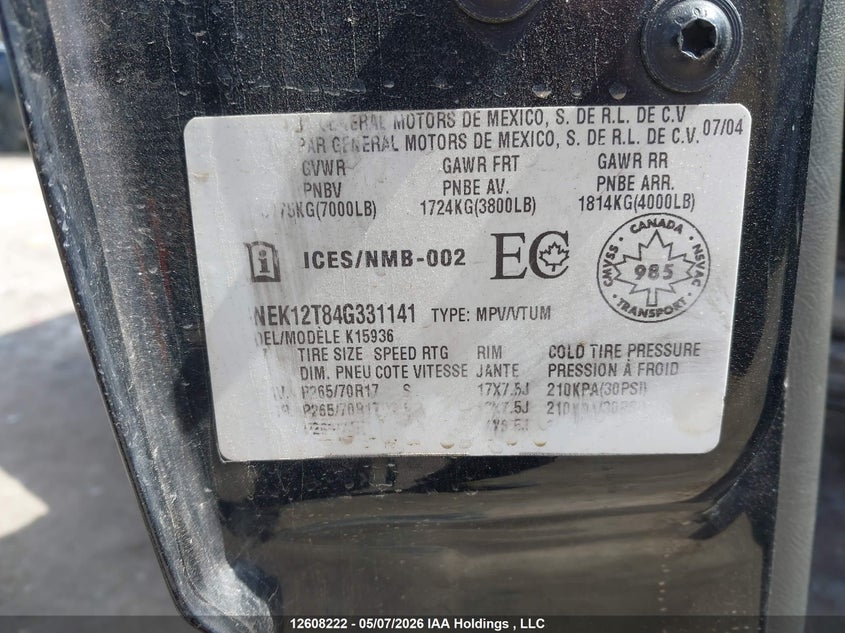 2004 Chevrolet Avalanche 1500 VIN: 3GNEK12T84G331141 Lot: 12608222