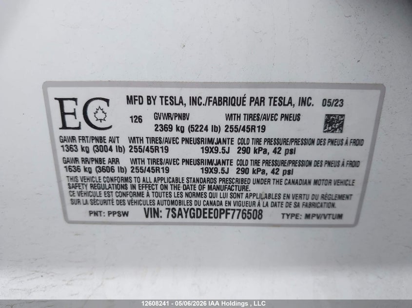 2023 Tesla Model Y VIN: 7SAYGDEE0PF776508 Lot: 12608241