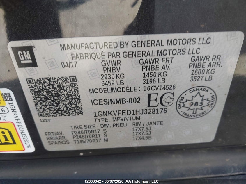 2017 Chevrolet Traverse Ls VIN: 1GNKVFED1HJ328176 Lot: 12608342