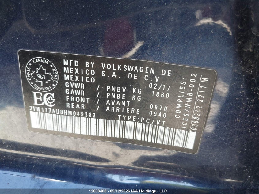 2017 Volkswagen Golf S/Wolfsburg VIN: 3VW117AU8HM049383 Lot: 12608408