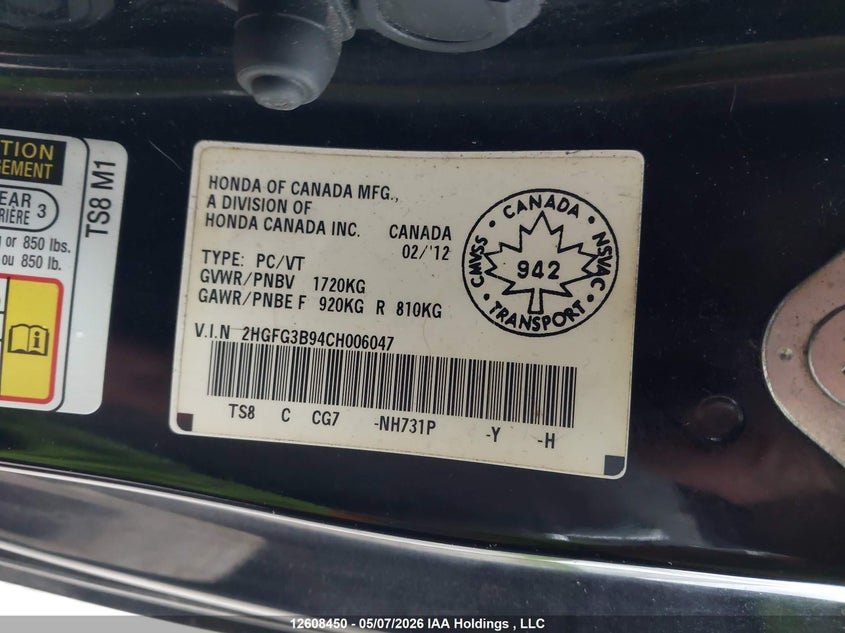 2012 HONDA CIVIC SEDAN 1.8L I-4 VVT, 140HP