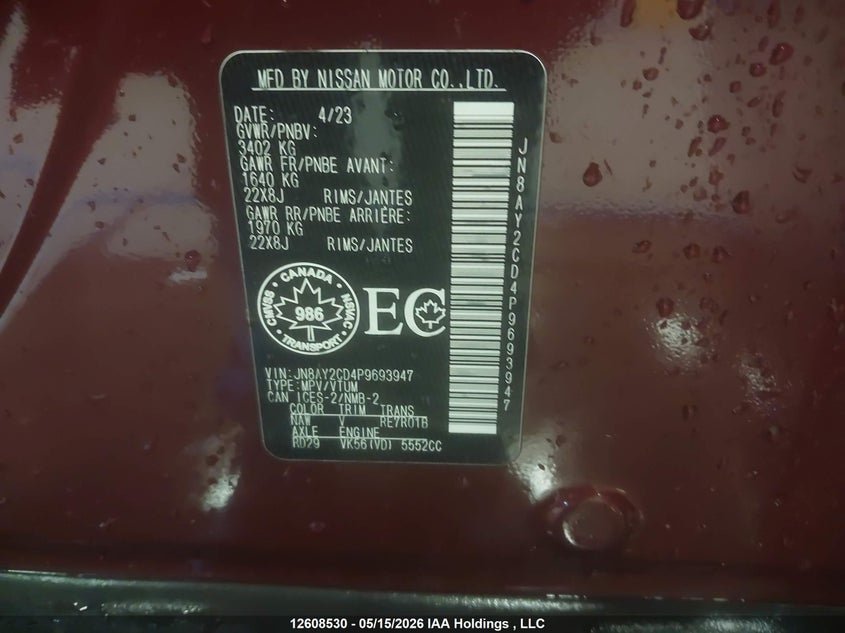 2023 Nissan Armada Platinum VIN: JN8AY2CD4P9693947 Lot: 12608530