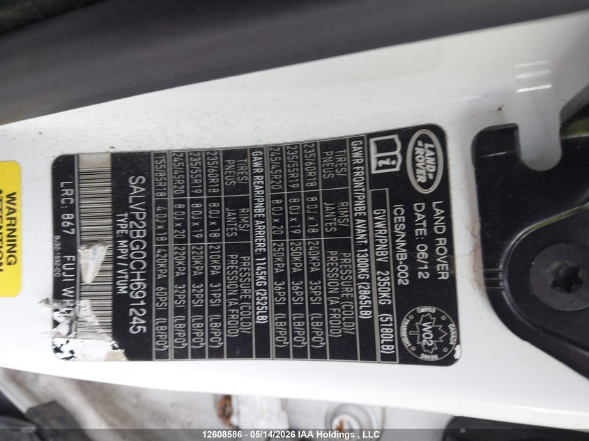 2012 Land Rover Range Rover Evoque Pure Plus VIN: SALVP2BG0CH691245 Lot: 12608586