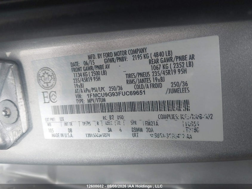 2015 FORD ESCAPE SPORT UTILITY VEHICLE 2.0L I-4 DI, DOHC, VVT, TURBO, 231HP