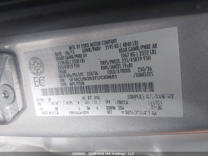 2015 FORD ESCAPE SPORT UTILITY VEHICLE 2.0L I-4 DI, DOHC, VVT, TURBO, 231HP