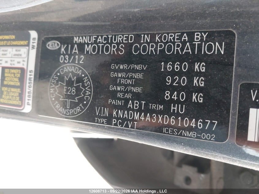 2013 Kia Rio Lx VIN: KNADM4A3XD6104677 Lot: 12608713