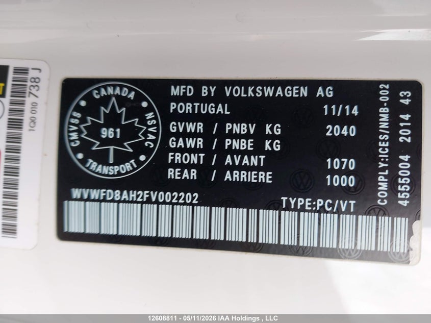 2015 Volkswagen Eos VIN: WVWFD8AH2FV002202 Lot: 12608811
