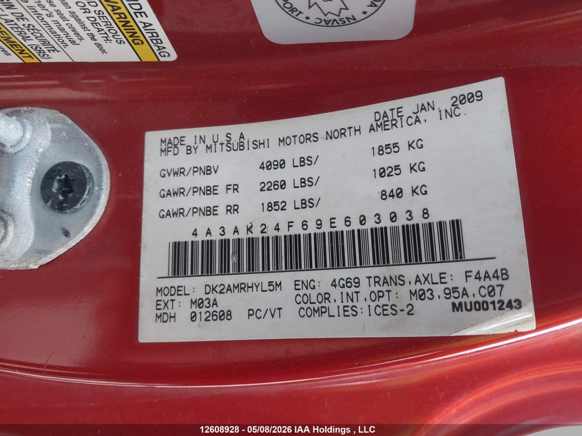 2009 Mitsubishi Eclipse VIN: 4A3AK24F69E603038 Lot: 12608928