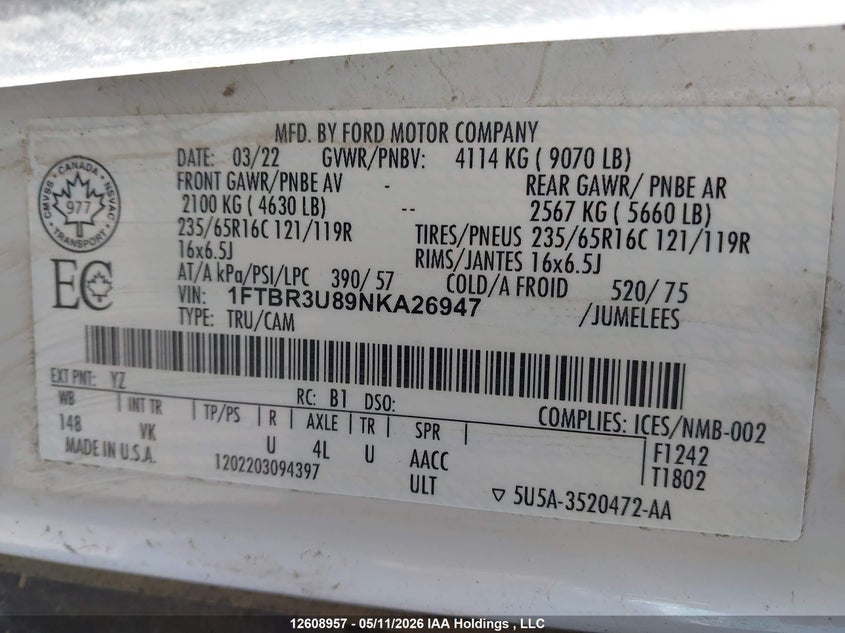 2022 Ford Transit 3.5 T-250 white Lot 111012608957 Vin 1FTBR3U89NKA26947