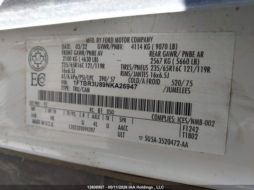 1FTBR3U89NKA26947 2022 Ford Transit 3.5 T-250 white